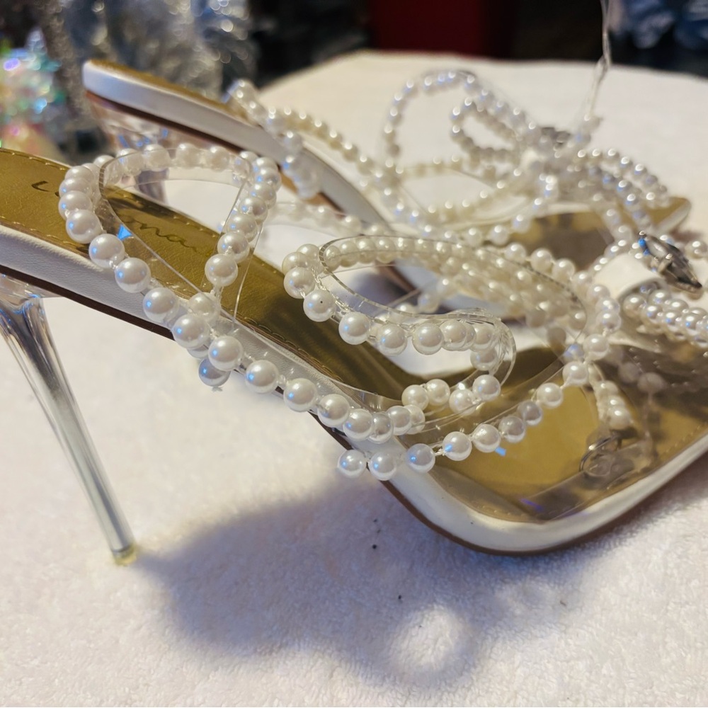White Heels with Pearl and Crystal Embellishments - size 8.5 - box 1